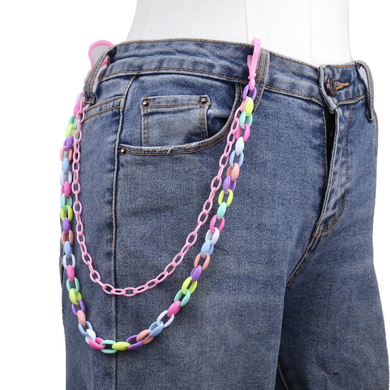 Doulbe Layered Pink Color Strawberry Resin Chain Keychains Women Girls Hip Hop Waist Chain Pants Trousers Chain Bohemian Jewelry