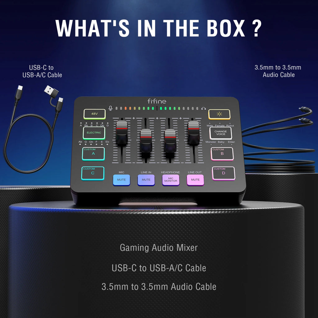 FIFINE USB Gaming Mixer With XLR Microphone Interface,48V Phantom Power,RGB, Sound Card for Podcasting Streaming AmpliGame SC3