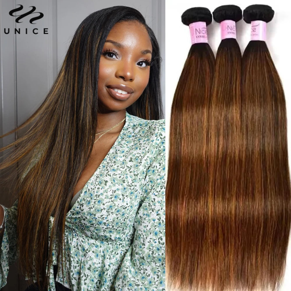 UNICE Hair Balayage Straight Human Hair Bundles 1/3/4 PCS Deal #FB30 Pre Colored Sew In Bundles Human Hair Extensions