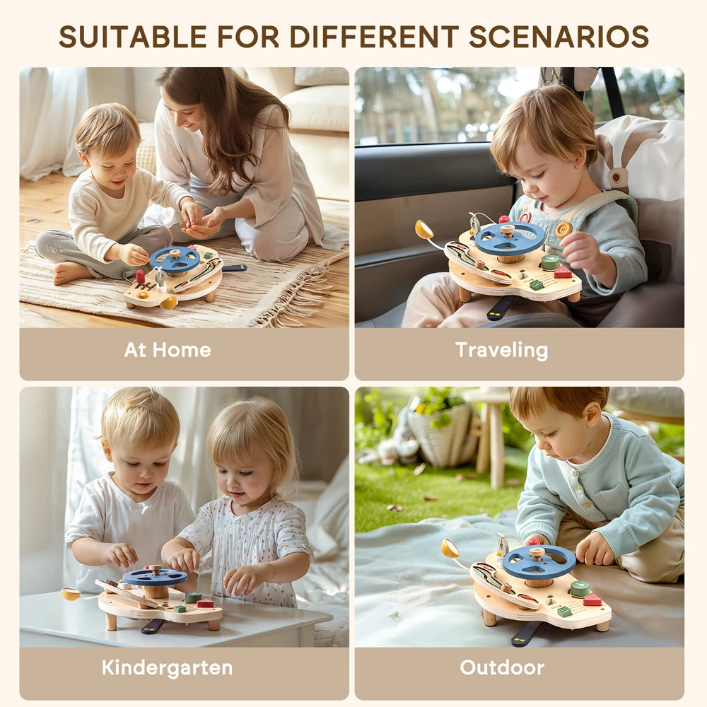 Montessori Simulation Car Steering Wheel Multi-Function Baby Wooden Early Sensory Education Toy Car Busy Board Game Toy Kid Gift