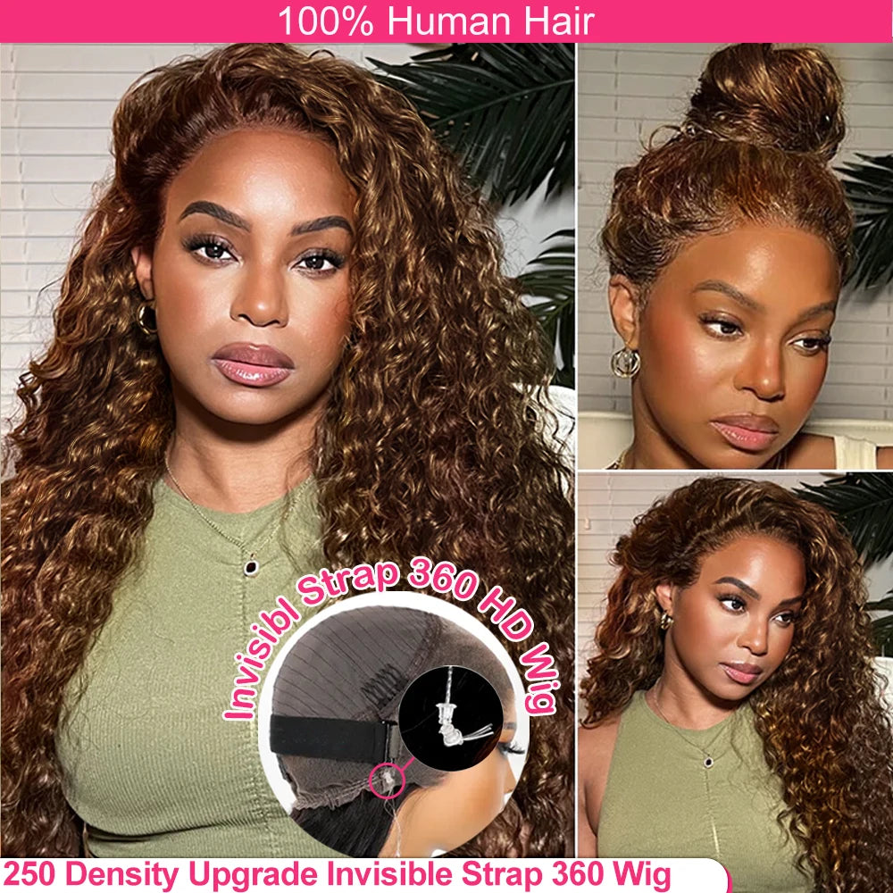 250 Density Deep Wave 360 Lace Front Human Hair Wig - Brazilian Remy Glueless Chocolate Brown Wig 26-36 Inches