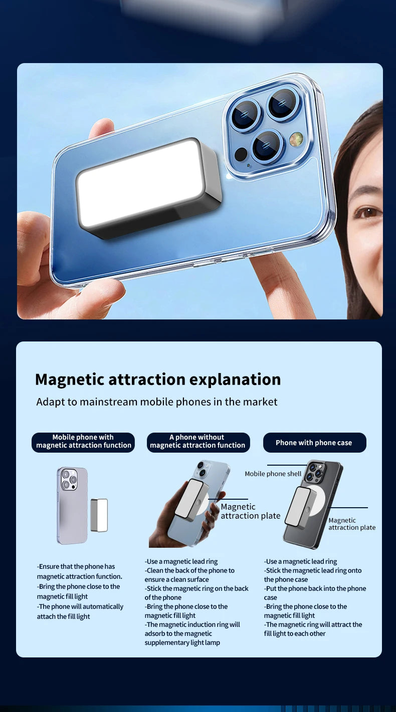 Magnetic Portable Mini Selfie Fill Light Adjustable Lighting Rechargeable Portable Led Video Light For Tiktok Camera Mobile IPad