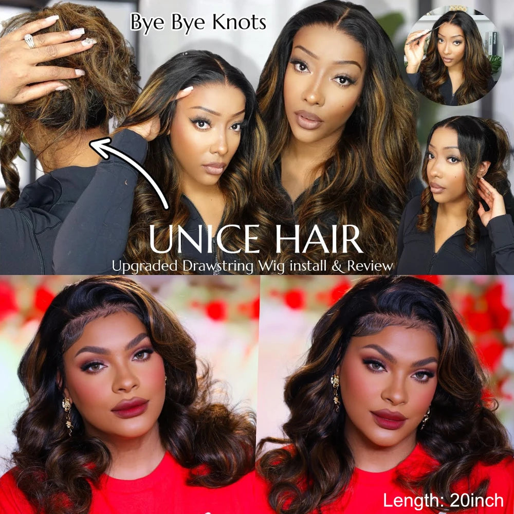 UNICE Balayage Body Wave Wig Upgraded Drawstring Cap 7x5 Pre Cut Pre Bleached Lace Front Human Hair Glueless Wig 150% Density