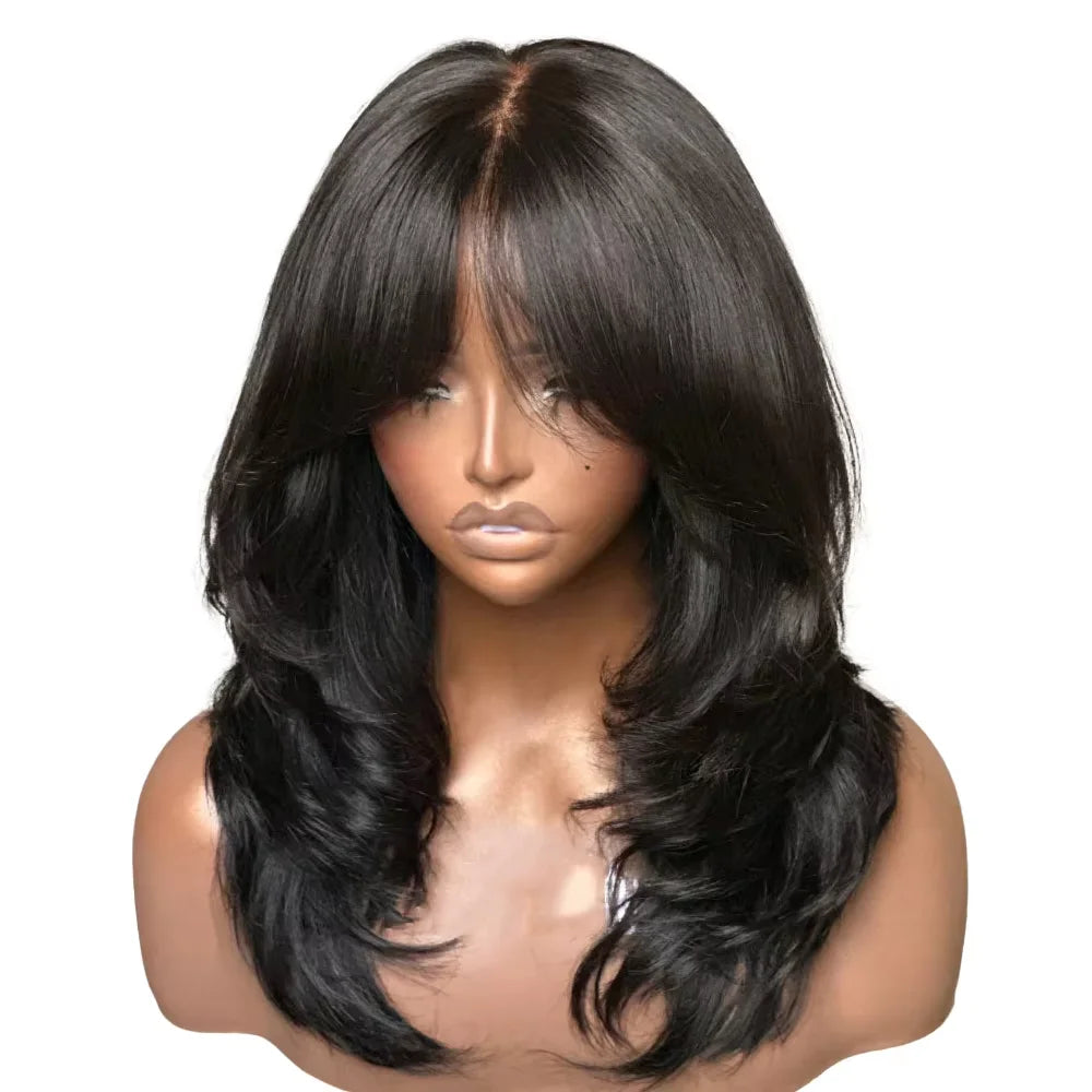 Glueless Invisible Strap Snug Fit 360 Full Lace Human Hair Wigs 7x5 Lace Closure Wig 250% Inspired Layers With Curtain Bang Wig
