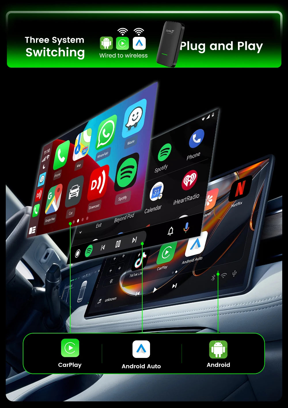 Carlinkit Android 12 CP2A Pro CarPlay Wireless Android auto Wireless Adapter Support Wired CarPlay Netflix YouTube TikTok Wifi