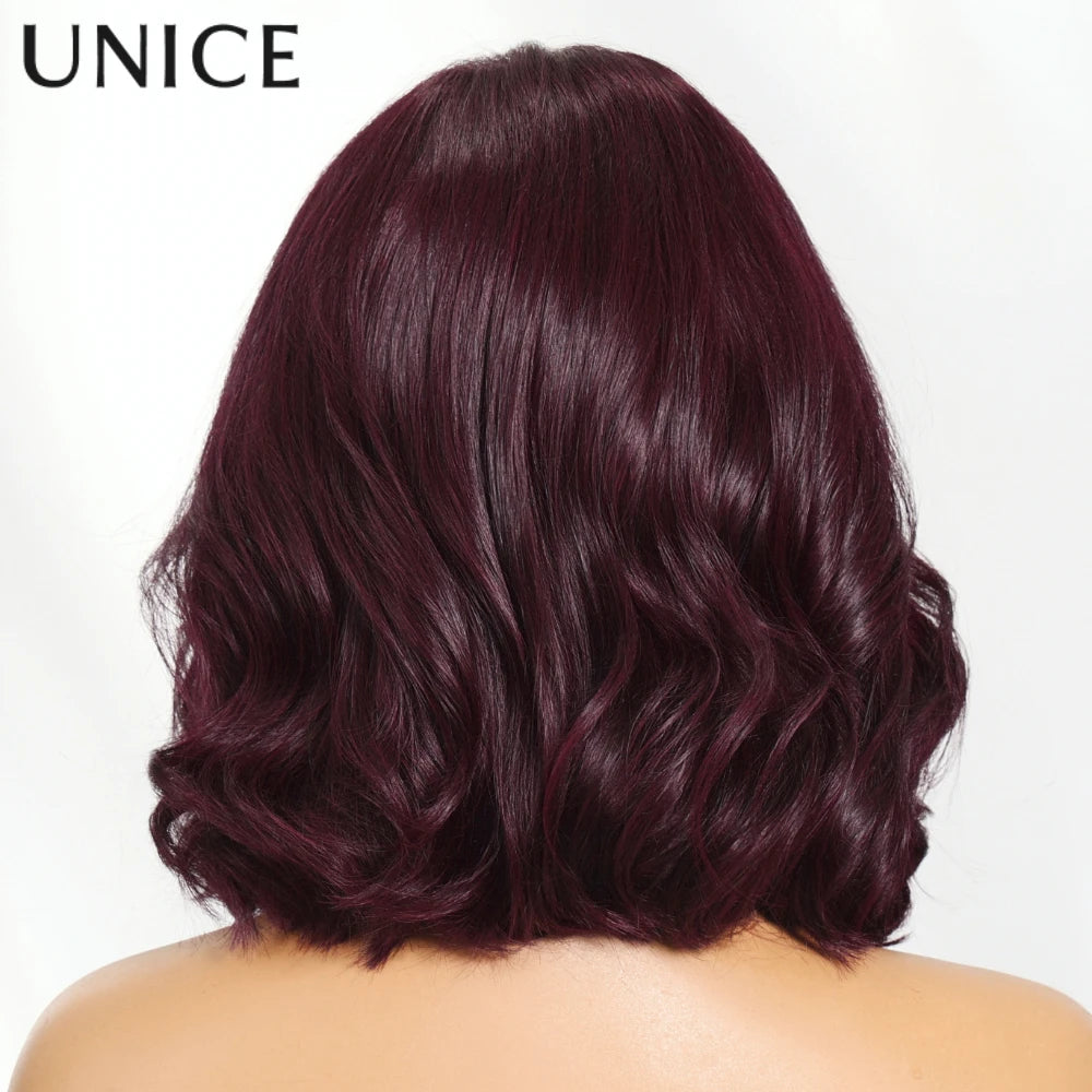 UNICE Hair Black Cherry Wavy Bob Wig With Face-framing Layers 7x5 Lace Pre Cut Pre Bleached Glueless Wig Human Hair 150% Density