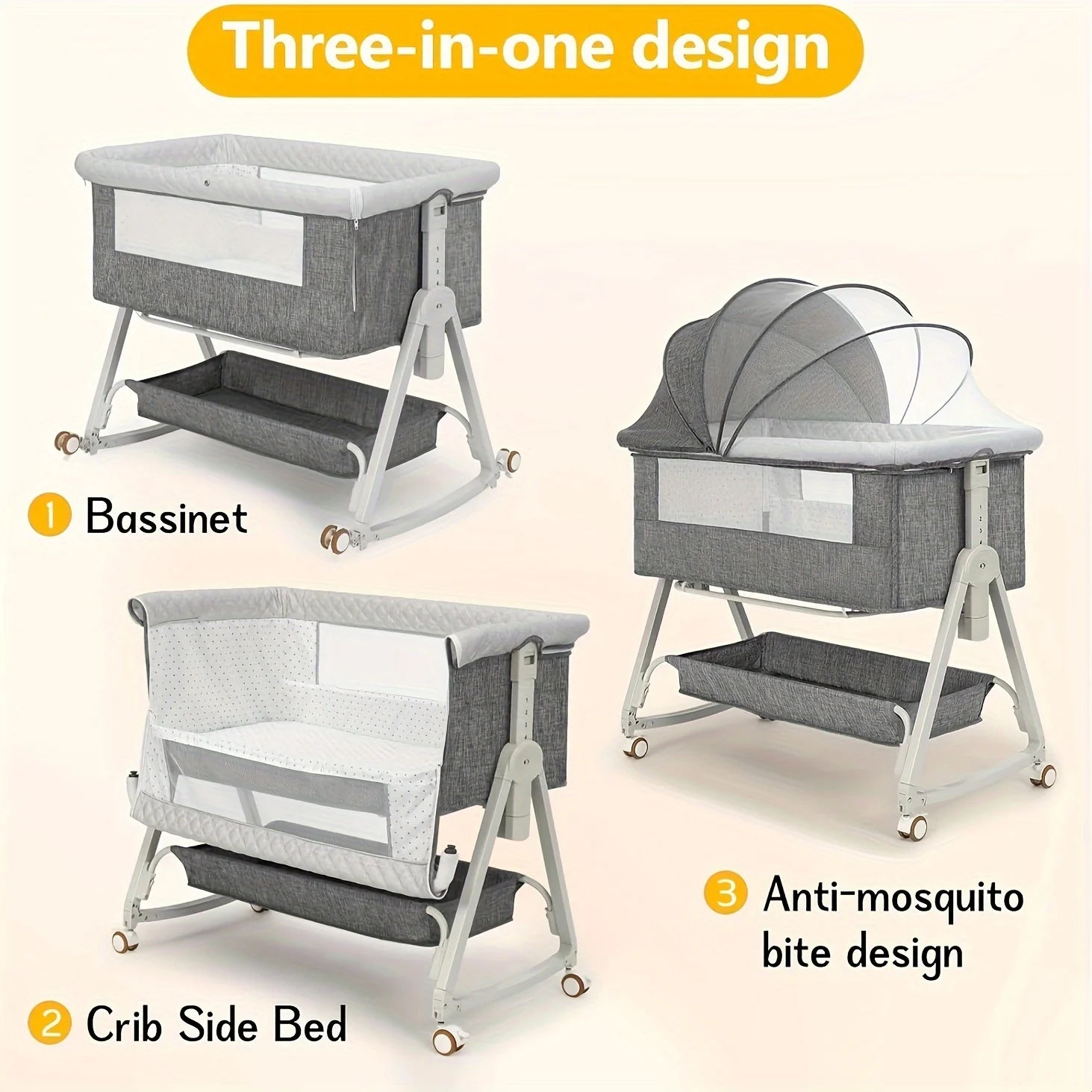 Baby Bassinet, Bedside Bassinet for Baby, 3 in 1 Bassinet Bedside Sleeper with Wheels