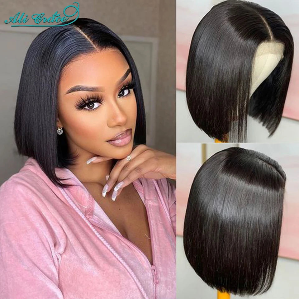 Ali Grace Hair Straight Short Bob Wig 4x4 Lace Closure Wig Brazilian Transparent Lace Remy Human Hair Wigs for Women Pre Plucked