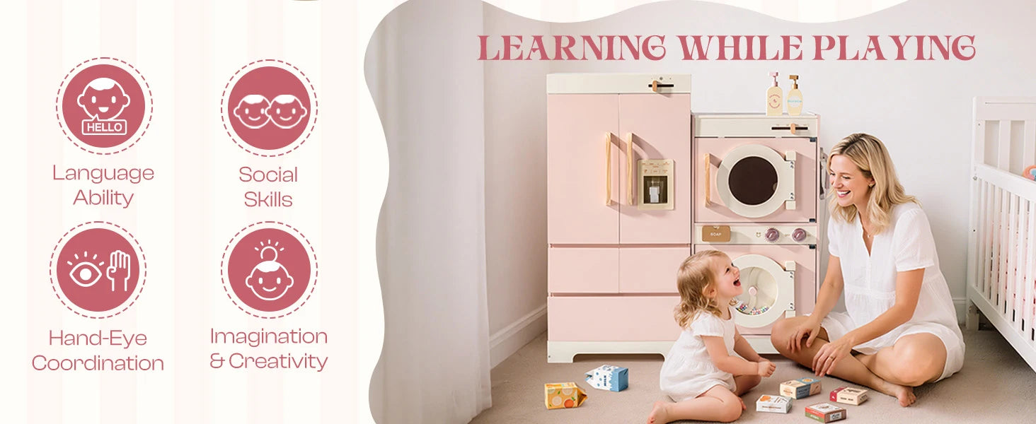 Robotime Robud Kids Corner Kitchen Playset Wooden Play Kitchen Set with Realistic Sound Pretend Play Gift for Boys Girls Pink