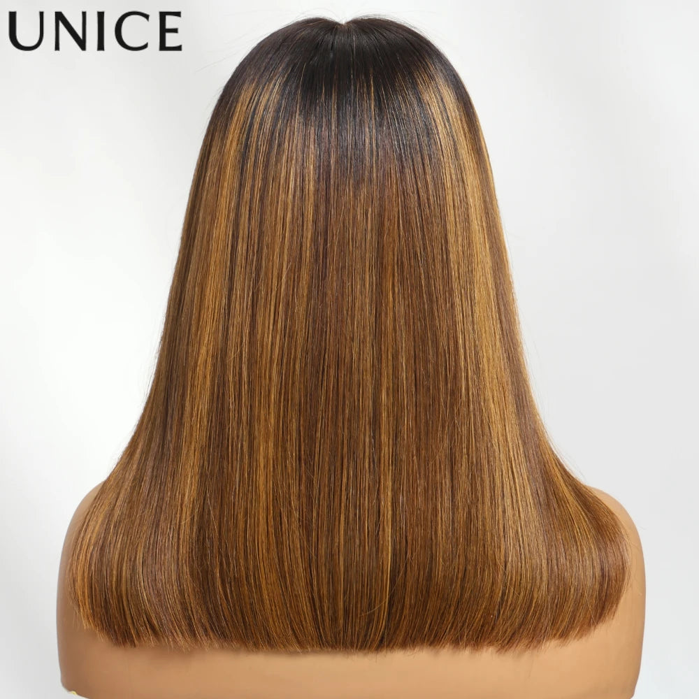 UNice Brown With Blonde Piano Highlights Blunt Bob Wig With Dark Roots Pre Everything 7x5 13x4 Lace Frontal Human Hair Wigs
