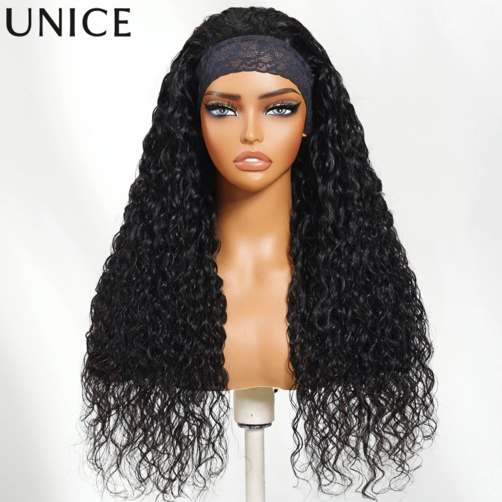 Unice Hair Upgrade Drawstring Mesh Lace Water Wave Headband Wigs Human Hair No Glue No Lace Fit For All Head Sizes