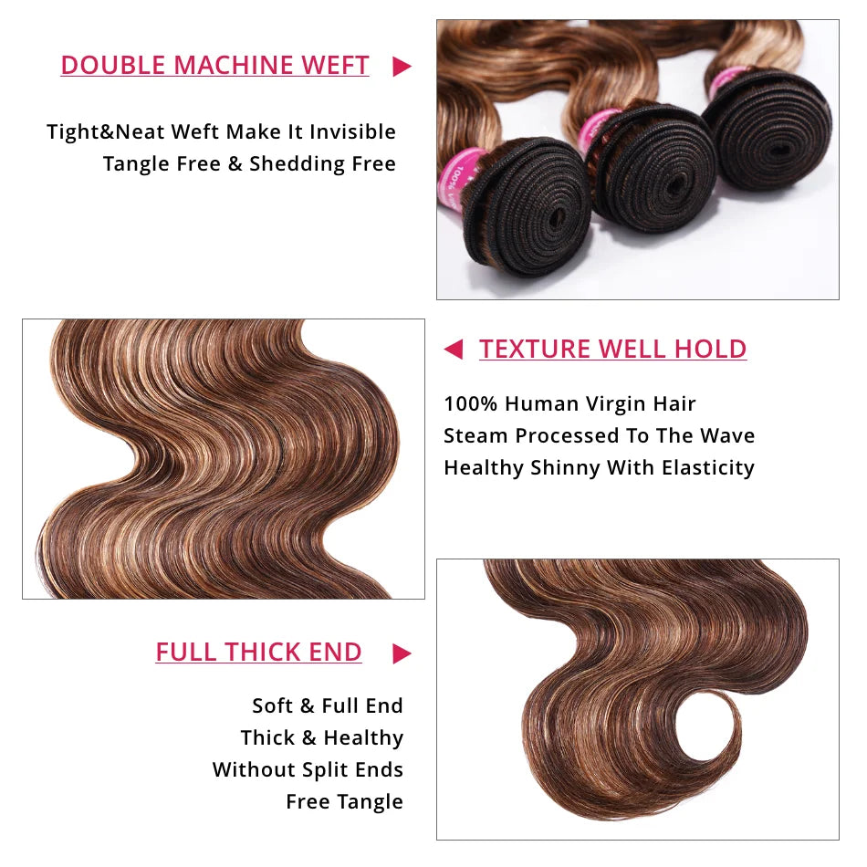 Unice Hair Blonde Highlight Body Wave Human Hair Bundles 1/3/4 Bundles 100% Human Hair Quick Weave Sew In Hair Extensions