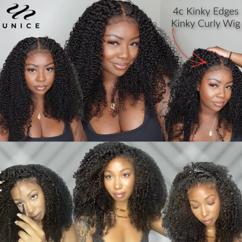 Unice Hair Realistic Edges Kinky Curly Wig Pre Cut Pre Bleached 7x5 Lace Closure Glueless Wig Human Hair Ready To Wear