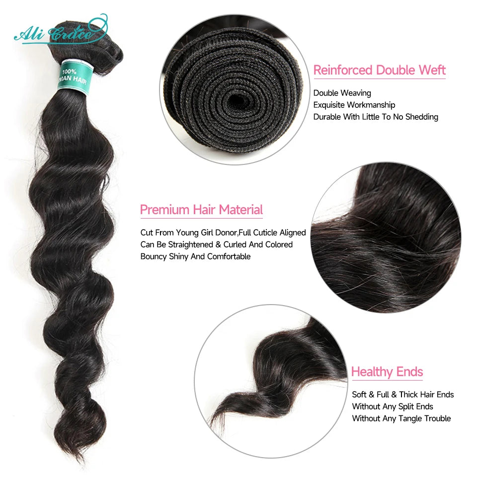 Ali Grace Hair Brazilian Loose Wave Bundles With Closure Transparent 100% Remy Hair 3 Bundles With 4x4 Lace Closure Middle/Free