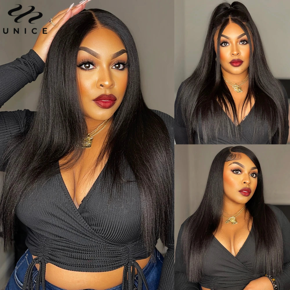 UNice Bye Bye Knots Wig Yaki Straight 7x5 Lace Wig With Elastic Drawstring Glueless Wig Human Hair Ready To Wear Go 150% Density