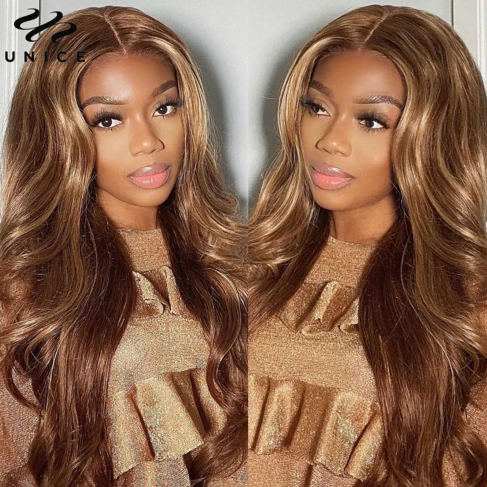 UNice Hair Pre Bleached Knots 7x5 Lace Wig TL412 Brown Blonde Highlight Body Wave Wig Human Hair Lace Front Wig Glueless Wear Go