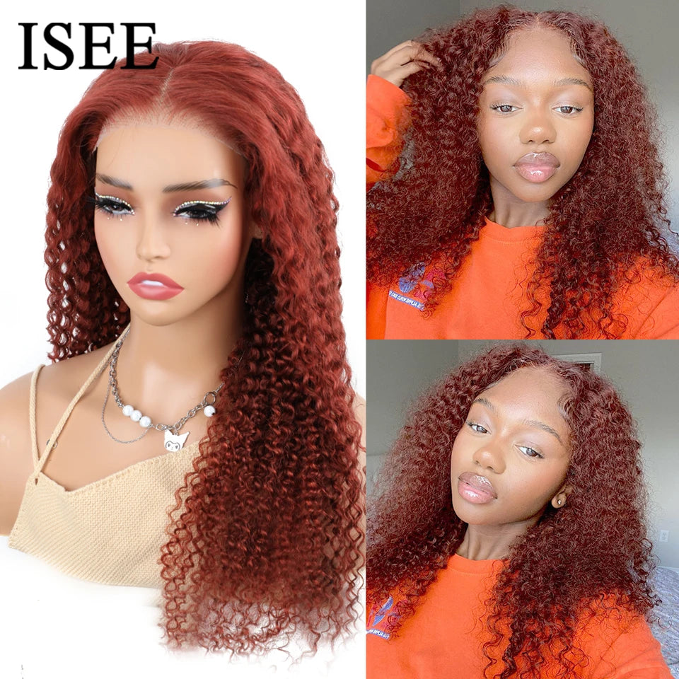 ISEE HAIR Wig Reddish Brown Wear Go Glueless Human Hair Wigs Mongolian Kinky Curly 6x4 Lace Glueless Human Hair Wigs Ready To Go