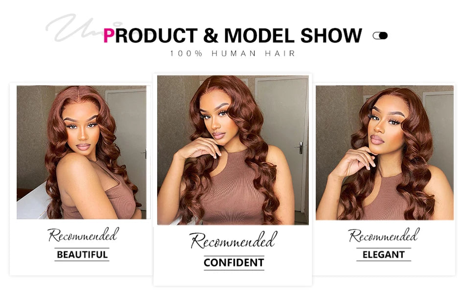 UNice Hair Pre Cut Pre Bleached 7x5 Glueless Wig Human Hair Reddish Brown Color Body Wave Lace Front Human Hair Wig 150% Density
