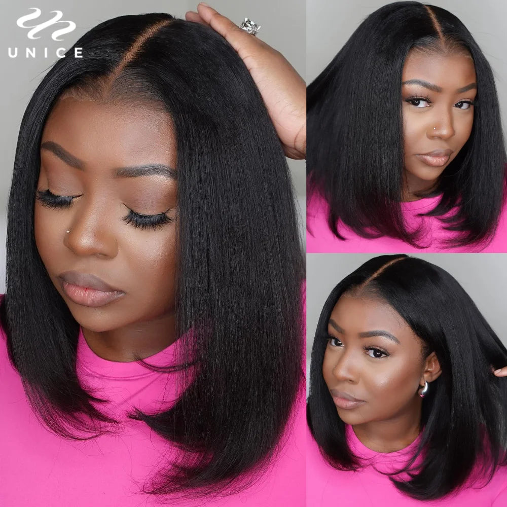 UNice Hair Pre Everything 13x4 Frontal Wig Human Hair Yaki Straight Bob Wig Pre Bleached Pre Cut Short Bob Lace Front Wigs