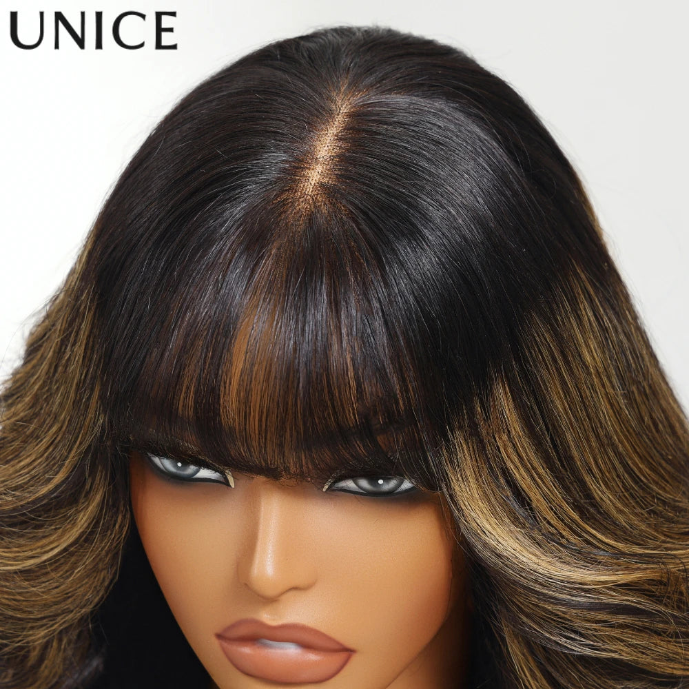 Unice Hair Drawstring 7x5 & 13x4 Balayage Highlights Human Hair Lace Frontal Wig Fluffy Loose Wave Wig With Curtain Bangs