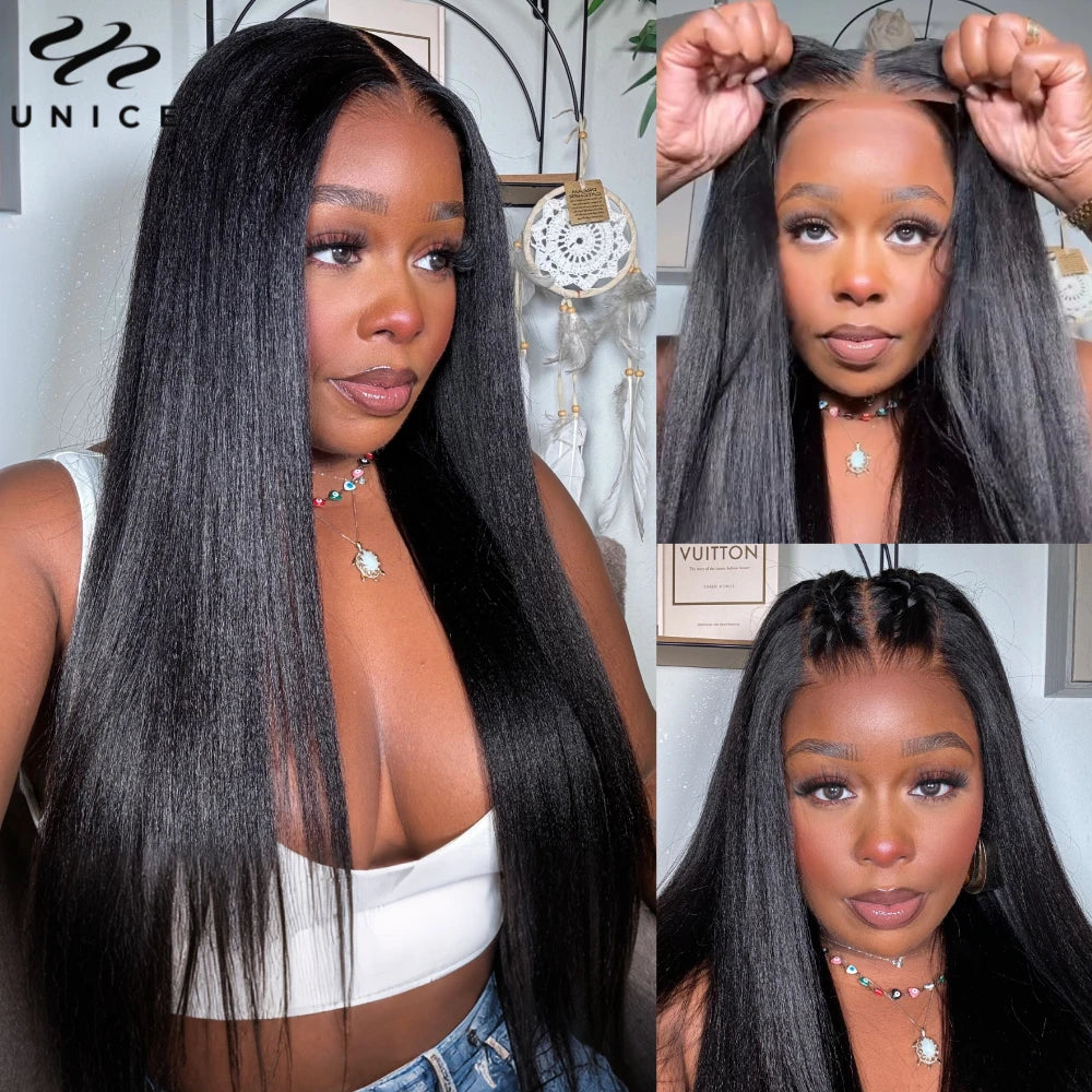 UNice Bye Bye Knots Wig Yaki Straight 7x5 Lace Wig With Elastic Drawstring Glueless Wig Human Hair Ready To Wear Go 150% Density