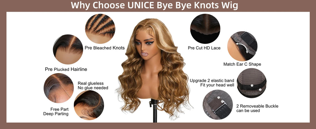 UNice Hair Pre Bleached Knots 7x5 Lace Wig TL412 Brown Blonde Highlight Body Wave Wig Human Hair Lace Front Wig Glueless Wear Go