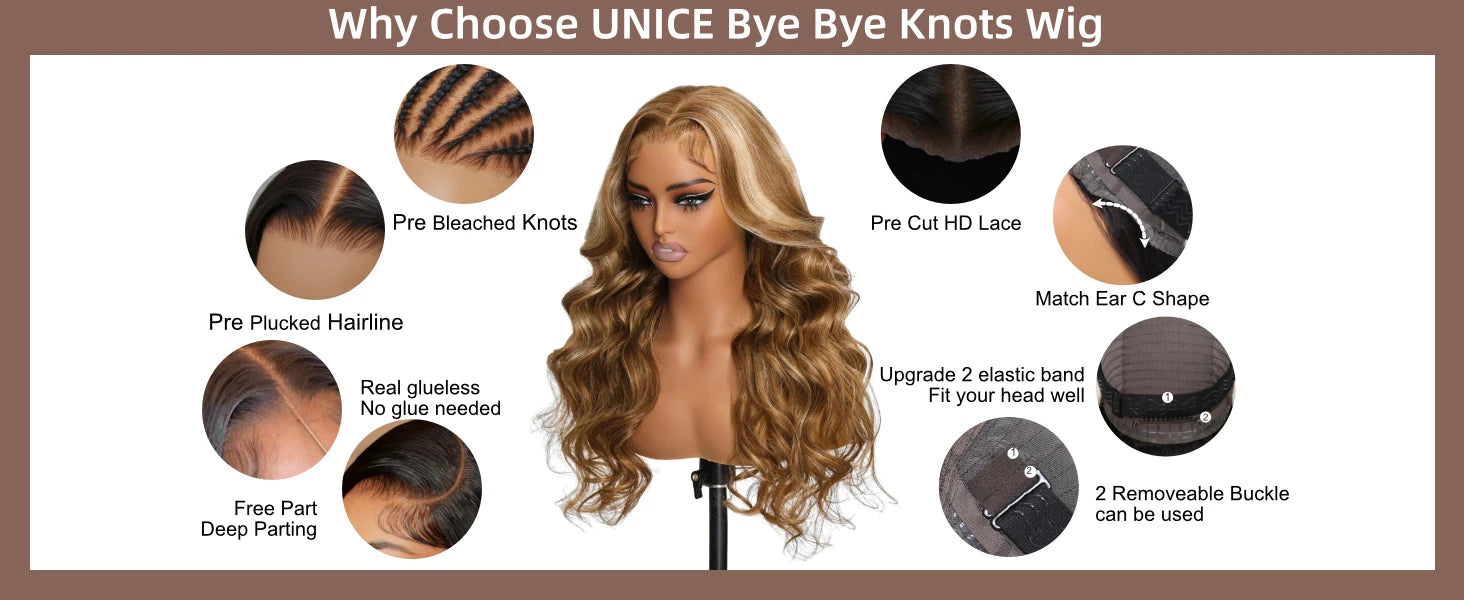 UNice Hair Pre Bleached Knots 7x5 Lace Wig TL412 Brown Blonde Highlight Body Wave Wig Human Hair Lace Front Wig Glueless Wear Go