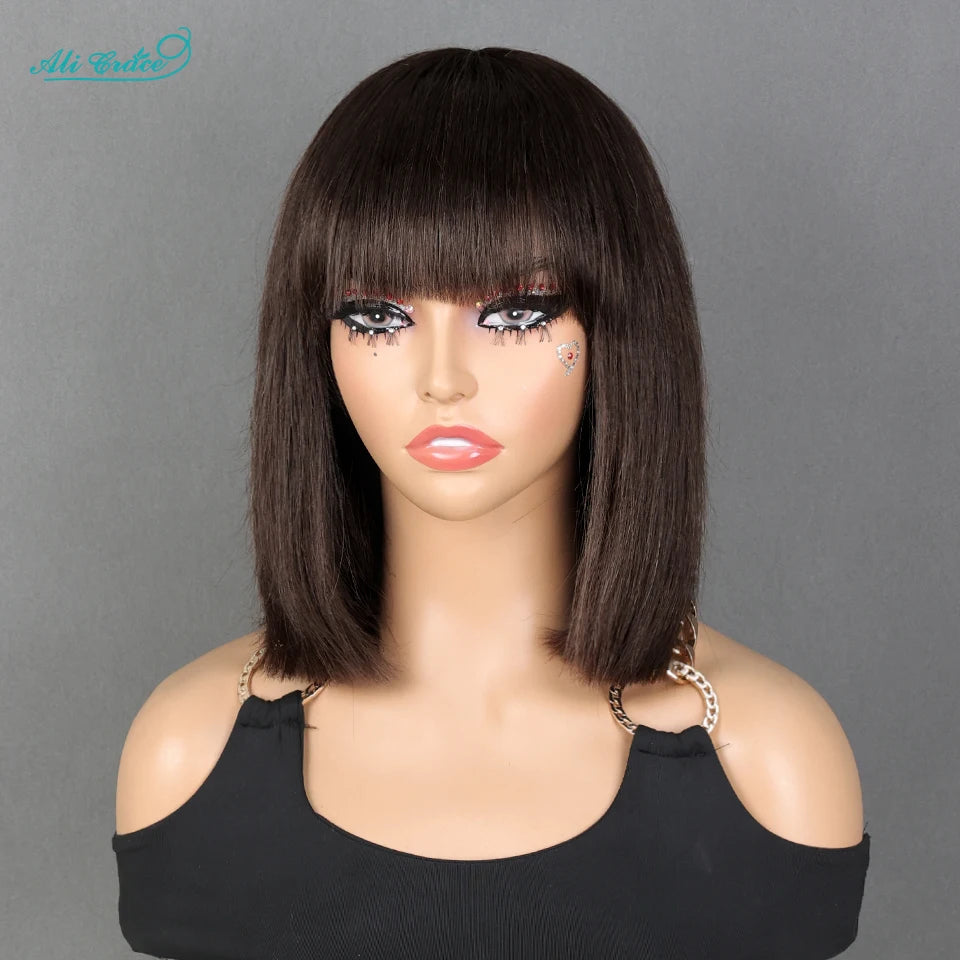 Ali Grace Short Bob Wig With Bang #2 Color Bone Straight Human Hair Wigs For Women Full Machine Made Fringe Wigs Wig Dark Brown