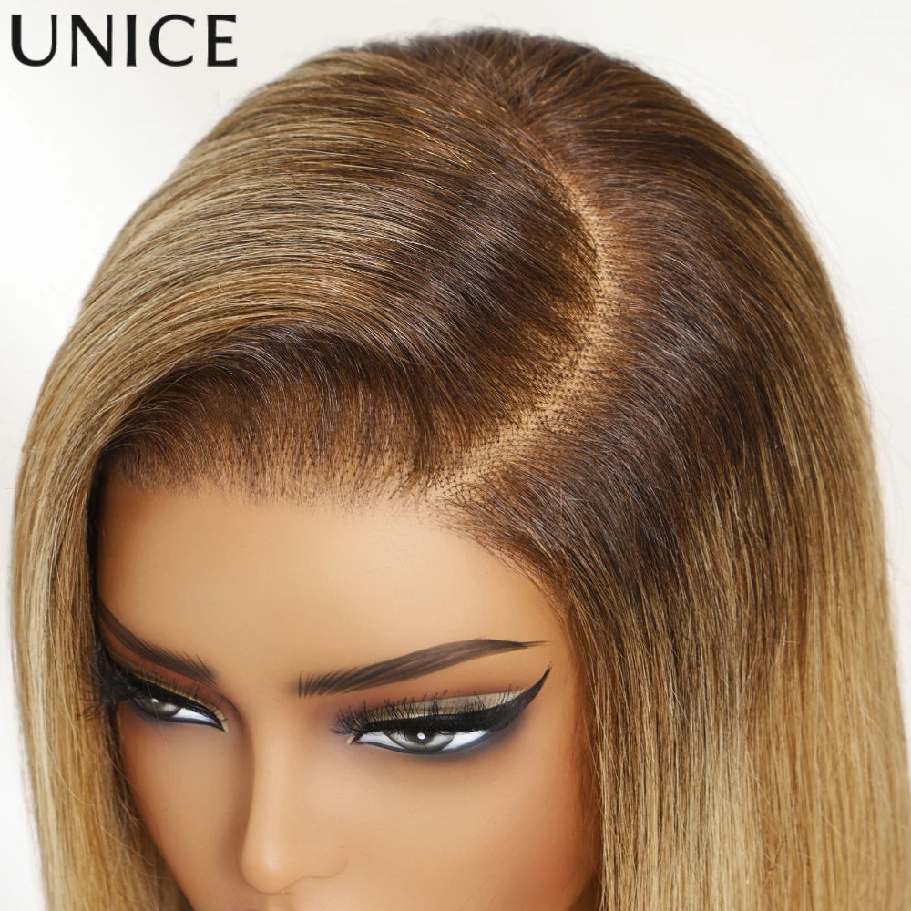 Unice Hair Ombre Blonde Straight Bob Wig 7x5 Pre Cut Pre Bleached Glueless Wig Human Hair Bob Wigs 150% Density