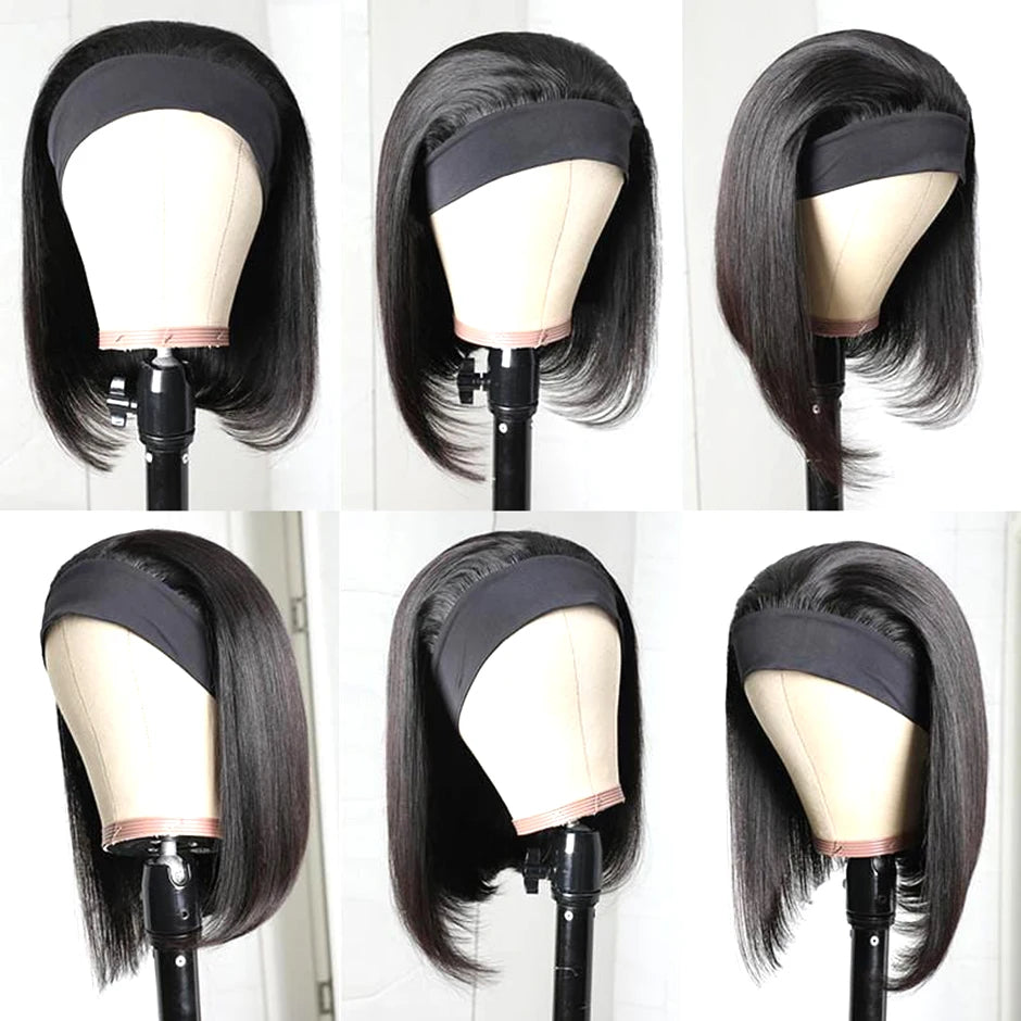 ISEE HAIR Wig Straight Women's Headband Wig Human Hair Brazilian Bob Wig Straight Non Lace Scarf Wig Glueless Natural For Female