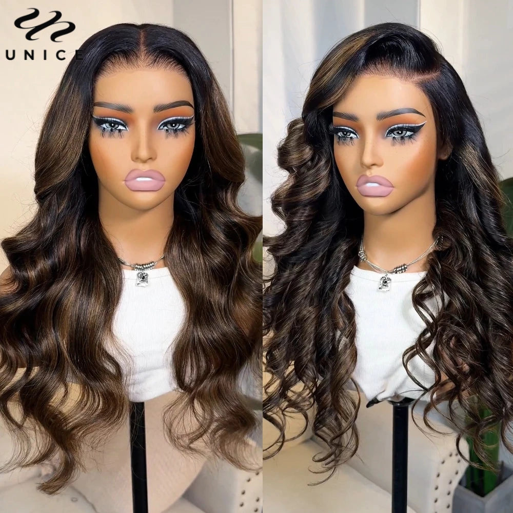 Unice Hair Balayage 3D Body Wave Wig Pre Cut Pre Bleached 7x5 13x4 Lace Frontal Human Hair Wig Pre Plucked Wear Go Glueless Wig