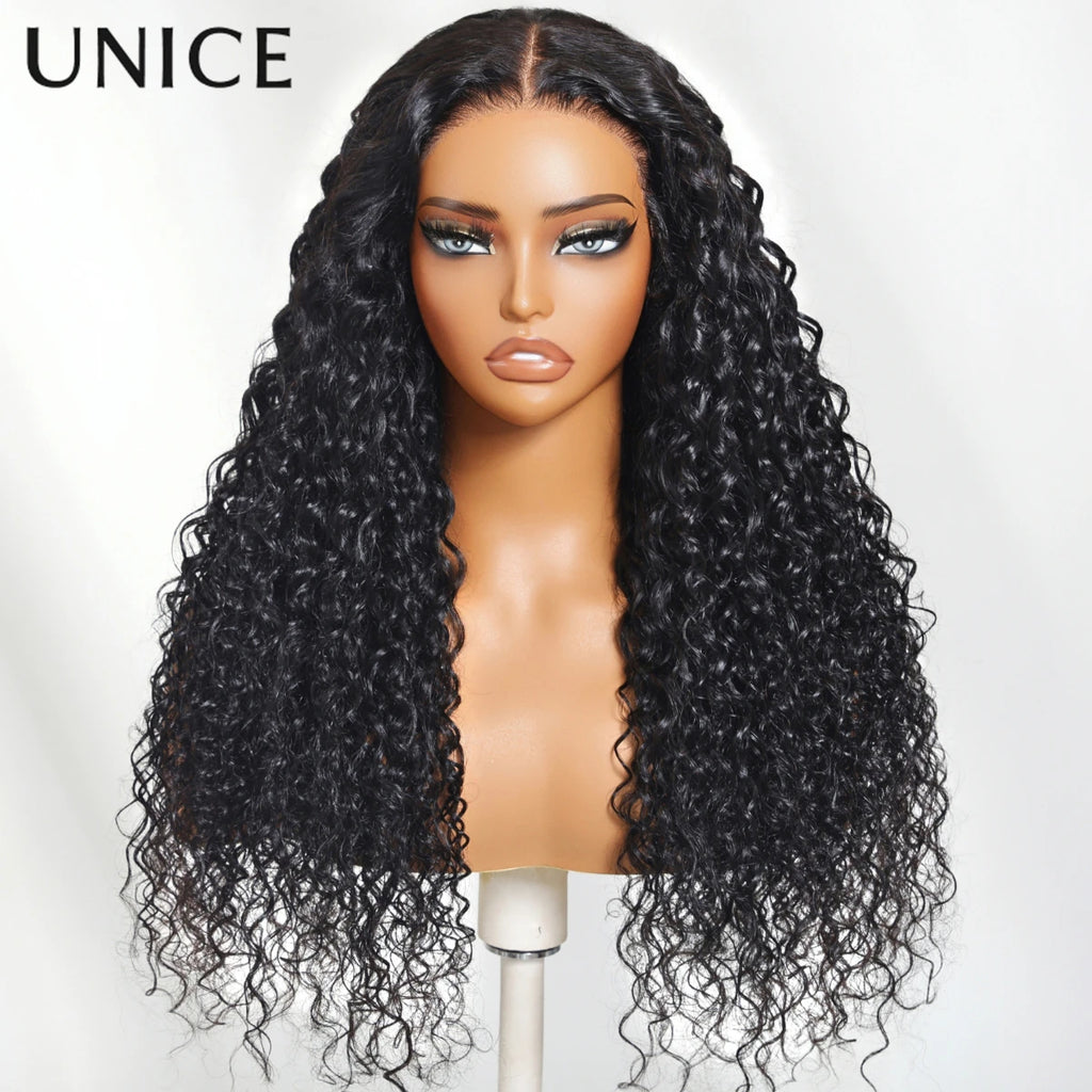 UNice Bouncy Water Wave Curly Wig With Invisi Drawstring 7x5 & 13x4 Pre Cut Pre Bleached Glueless Wig Human Hair 150% Density
