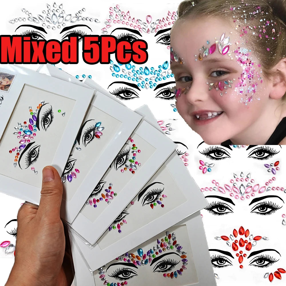 5Pcs/lot Mixed Shinying Girl Nail Glitter Face Stickers Rhinestone 3D Colorful Random Nail Face Crystal DIY Makeup Face/Body Dia