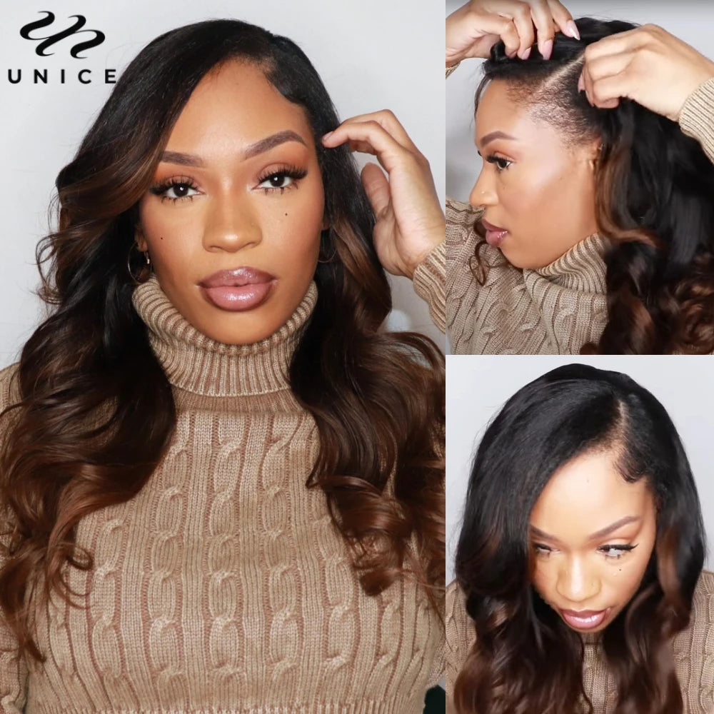 UNICE Hair EasiContour Drawstring V Part Wig Chestnut Brown Ombre Human Hair Body Wave Wig Mini Leave-out VPart Wig 150% Density