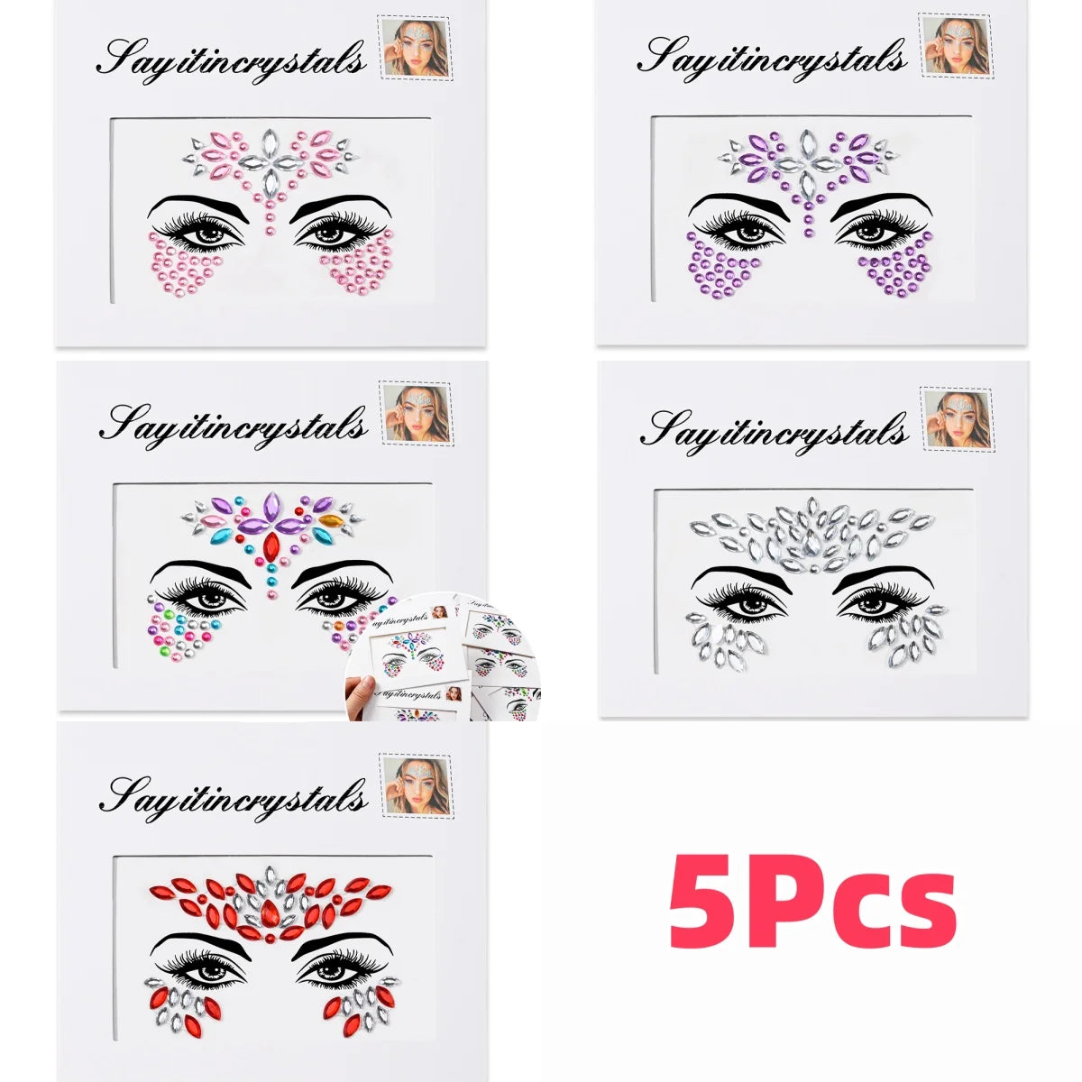 5Pcs 3D Random Face Diamond Tattoos Stickers Colorful Glitter Crystal Gem Sticker for Party Makeup Body Jewel Tattoo Decorations