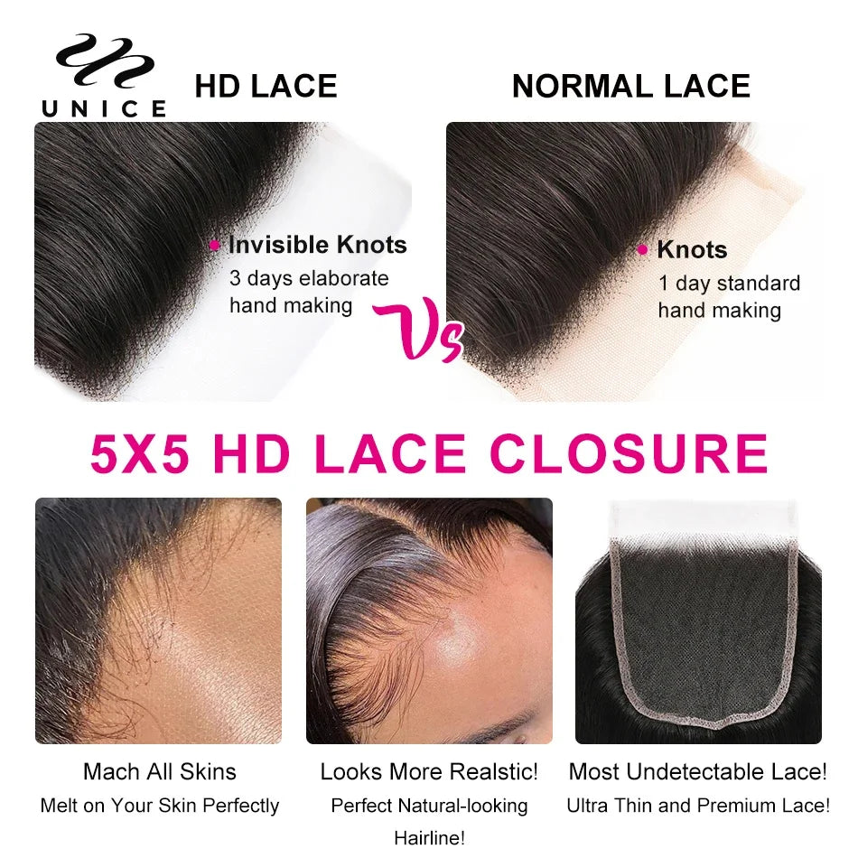 UNice Body Wave Human Hair Bundles With Closure Natural Color 100% Human Hair Bundles 3PCS With 4x1 / 4x4 / 5x5 HD Lace Closure
