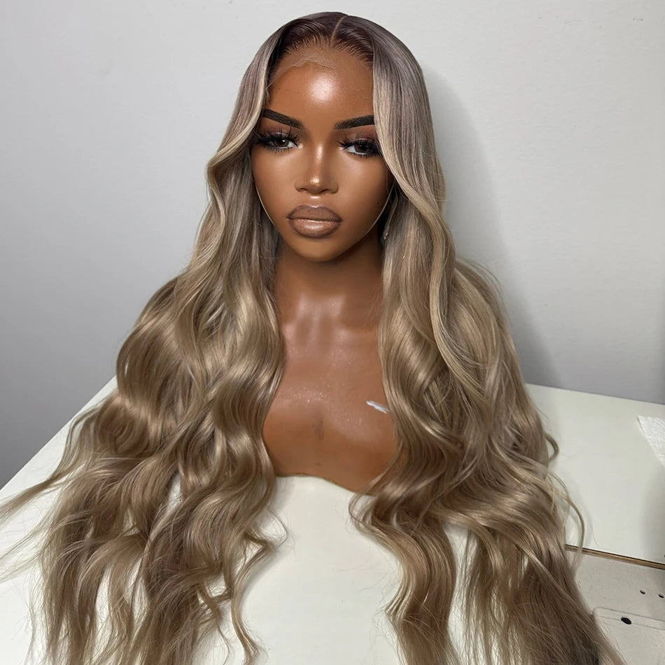 Salon Quality Tuneful Special Customize Dark Roots Ash Blonde 13x6 HD Lace Front Human Hair Frontal Wigs Rich Girl Colored Wigs