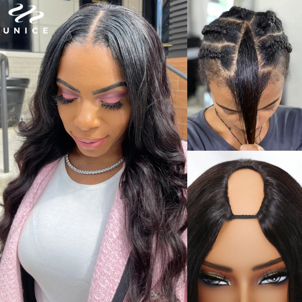 UNice Hair Upgraded Body Wave V Part Wig With Elastic Drawstring 100% Human Hair Upart Wig Minimal Leave Out