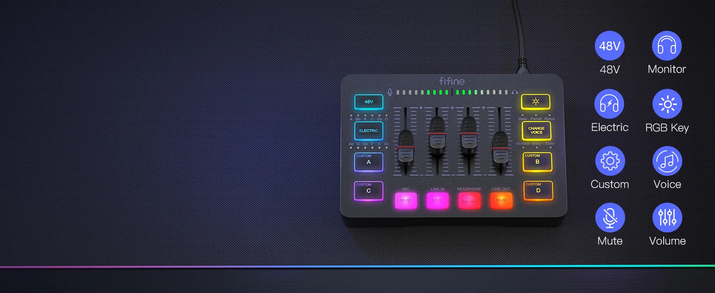 FIFINE USB Gaming Mixer With XLR Microphone Interface,48V Phantom Power,RGB, Sound Card for Podcasting Streaming AmpliGame SC3