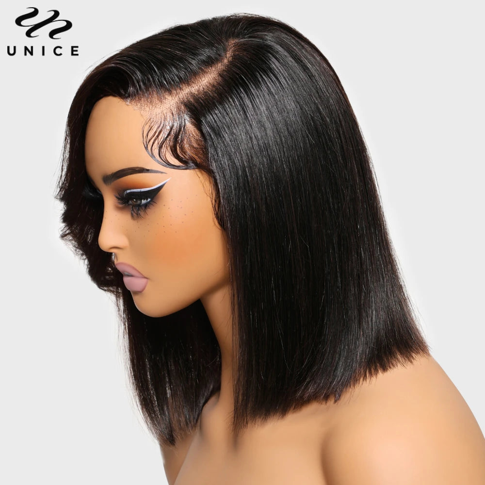 UNICE Hair 4x4 Lace Bob Wig With Side Swept Bangs Pre Cut Pre Bleached Glueless Wig Human Hair Ready To Wear 150% Density