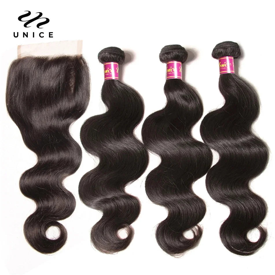 UNice Body Wave Human Hair Bundles With Closure Natural Color 100% Human Hair Bundles 3PCS With 4x1 / 4x4 / 5x5 HD Lace Closure
