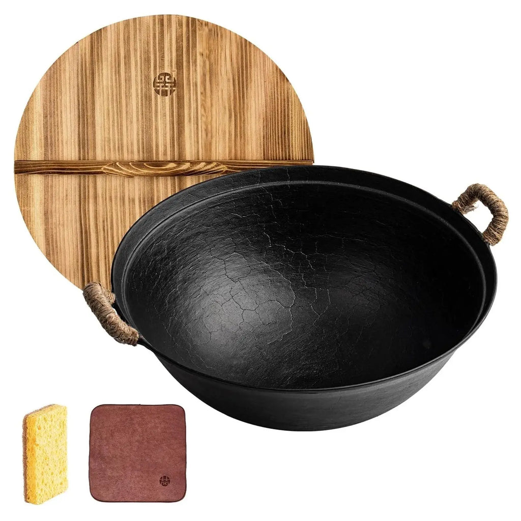 WANGYUANJI 14.2"Handmade Cast Iron Wok, Chinese Traditional Round Bottom Wok with Dual Handle, Suitable for All Cooktops, Uncoat