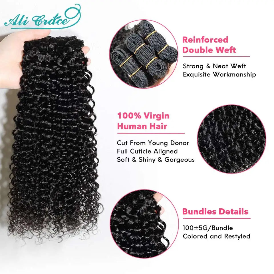 ALI GRACE Hair Kinky Curly Human Hair Bundles 1/3/4 Pcs Brazilian Hair Bundle 28 30 Inch Remy Hair Curly Weaving Natural Color