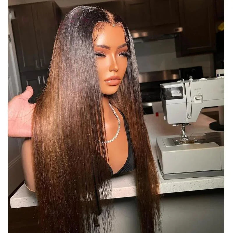 Premium Ombre Brown Lace Front Wig 26 Inch - Glueless Pre-Plucked Straight Human Hair Wig with Baby Hair