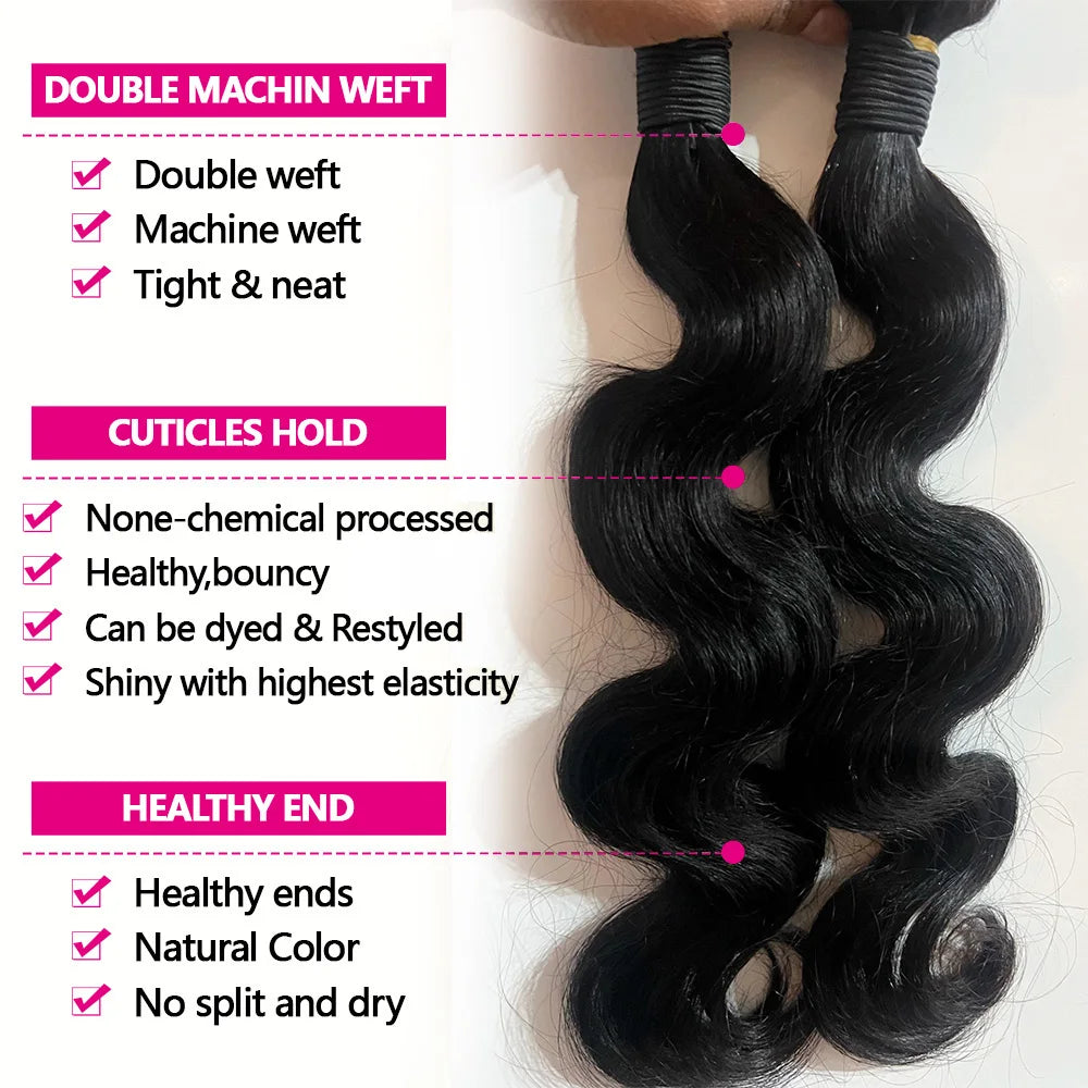 24 Inch Body Wave Human Hair Bundles - 12A Brazilian Raw Hair Weave Extensions (1-3 Bundles)
