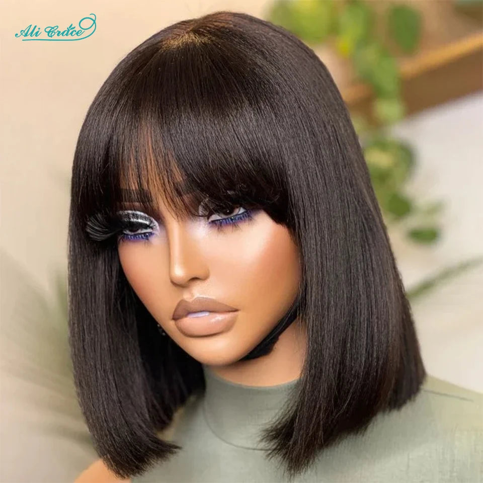Ali Grace Short Bob Wig With Bang #2 Color Bone Straight Human Hair Wigs For Women Full Machine Made Fringe Wigs Wig Dark Brown