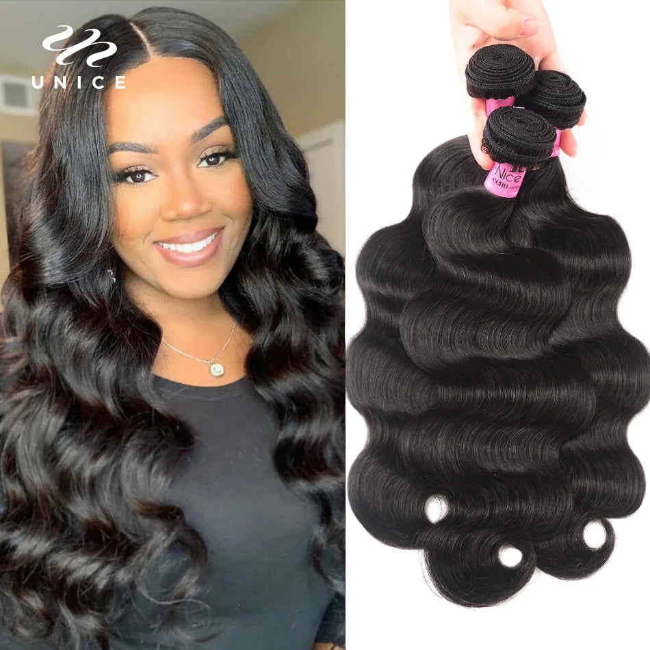 UNice Hair Company Indian Hair Body Wave Human Hair Bundles 1 Piece Remy Hair Extensions Weave 8-30inch Can Mix Any Length