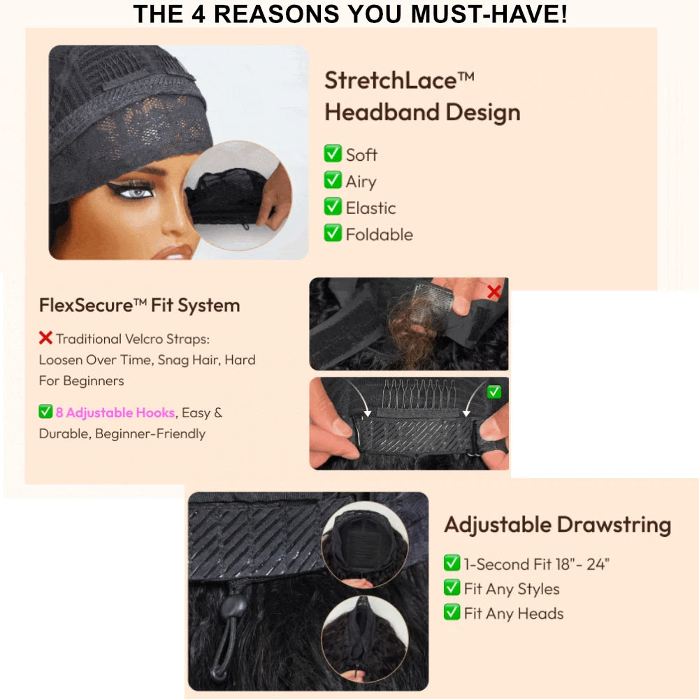 Unice Hair Upgrade Drawstring Mesh Lace Water Wave Headband Wigs Human Hair No Glue No Lace Fit For All Head Sizes