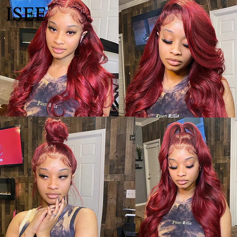 ISEE Hair Wig Brazilian Body Wave Colored Lace Front Wigs Chocolate Brown Human Hair Reddish Brown Closure Wig 99j Burgundy
