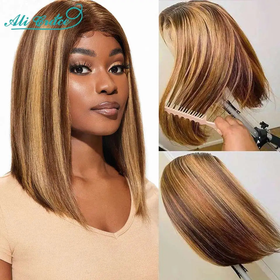 Ali Grace Highlight Brown Wig Straight Short Bob Wigs Ombre Color Human Hair Wigs 4X4 Lace Closure Wig Blunt Bob Wig Pre-Plucked